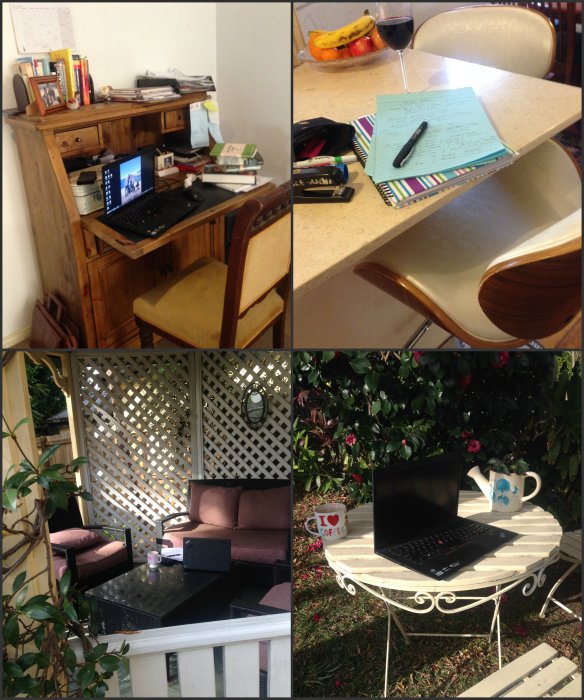 Desk, kitchen bench, gazebo and garden. 